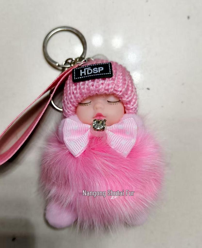 Genuine Fox Fur Sleep Doll Keychain Plush Pom-Pom Accessory
