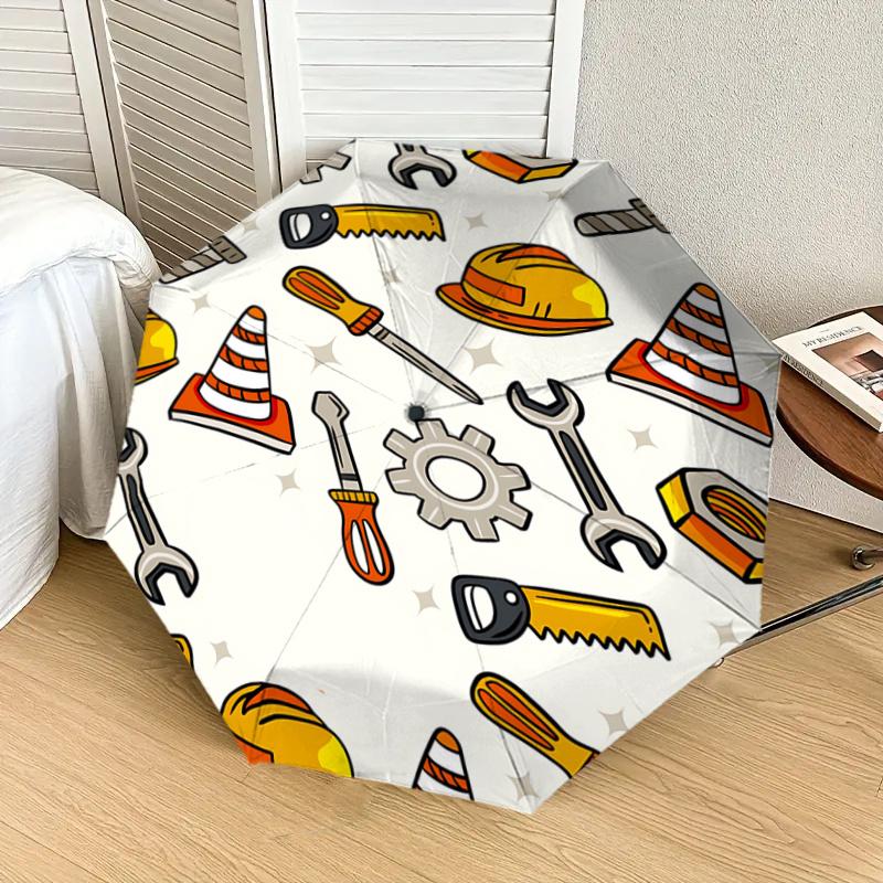 Construction Tools Pattern Automatic Opening Folding Umbrella - Portable 3-Fold Design with Iron Frame - Outdoor Rain Gear for Fans, Travele