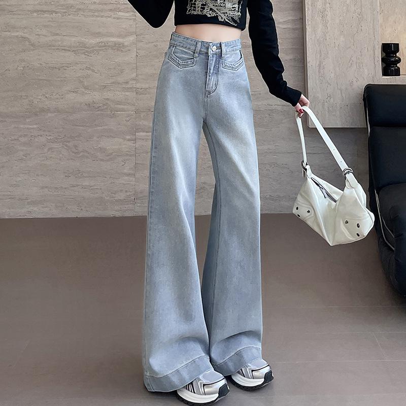 Women's High-Waisted Light Blue Wide-Leg Jeans - Spring/Autumn 2025, Slimming Loose Straight-Leg Floor-Length Pants