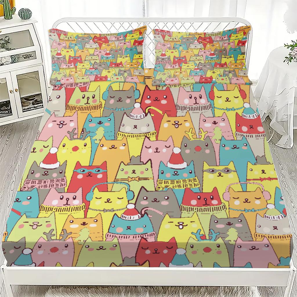 3pcs Fitted Sheet Set Colorful Cats Wearing Hats And Scarves Wrinkle Resistant Bed Sheet With Pillowcases For Bedroom Decor
