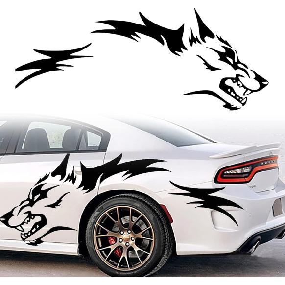 1 Set Running Wolf Graphics Car Body Sticker Self-Adhesive Wolf Decal Racing Sports Car Side Door Sticker Scratch Hidden Car Exterior Decoration