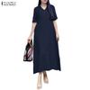 ZANZEA Vestido largo suelto informal de manga corta con cuello vuelto para mujer