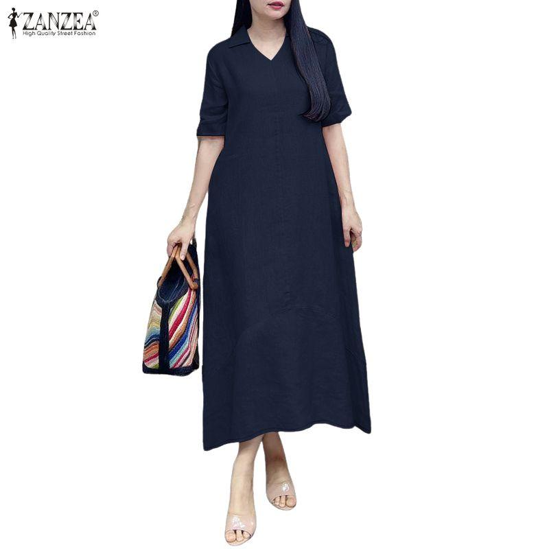 ZANZEA Vestido largo suelto informal de manga corta con cuello vuelto para mujer