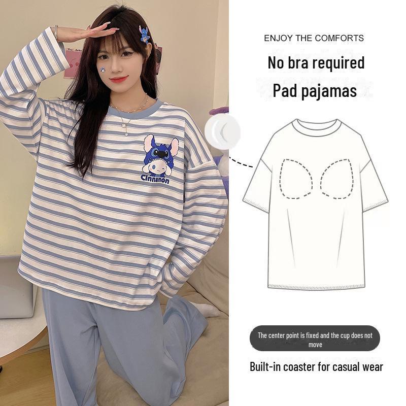 Pijama feminino de manga comprida com estampa de desenho animado e protetores de peito - algodão fino para uso interno/externo na primavera, outono e inverno