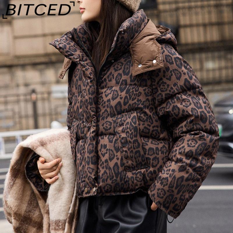 BITCED Short-Length Leopard Print Cotton Jacket for Women with Hood Minimalist Fashion Design, Oversized Fit, Unique Style Cotton Coat