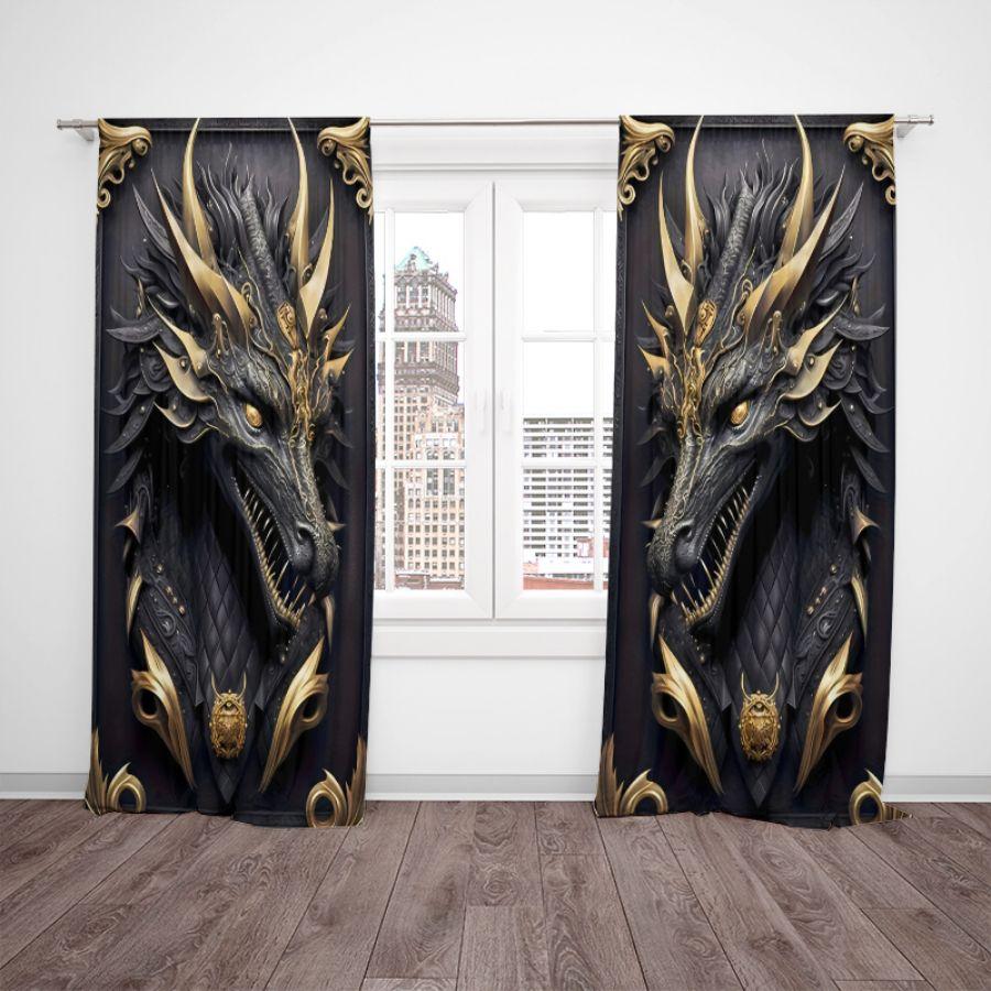 Schwarze und goldene dreidimensionale majestätische Drachenmuster-Totem-Druckvorhänge, geeignet für Heimdekoration