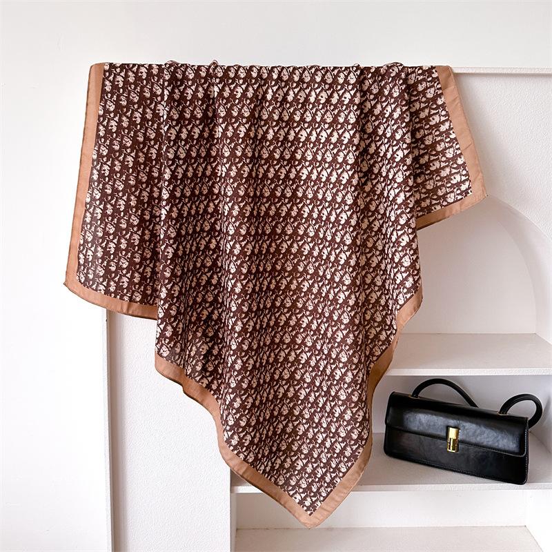 Korean Alphabet Versatile Professional 90Cm Imitation Silk Large Square Scarf Retro Printed Shawl Herringbone Scarf Headscarf Female