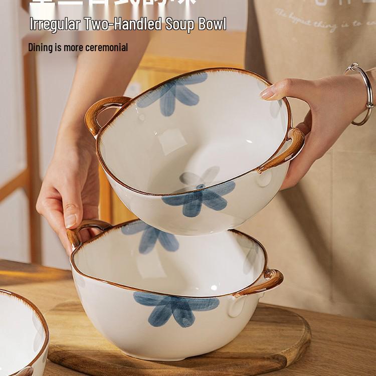 Large Dark Blue Double-Eared Ceramic Soup and Ramen Bowl