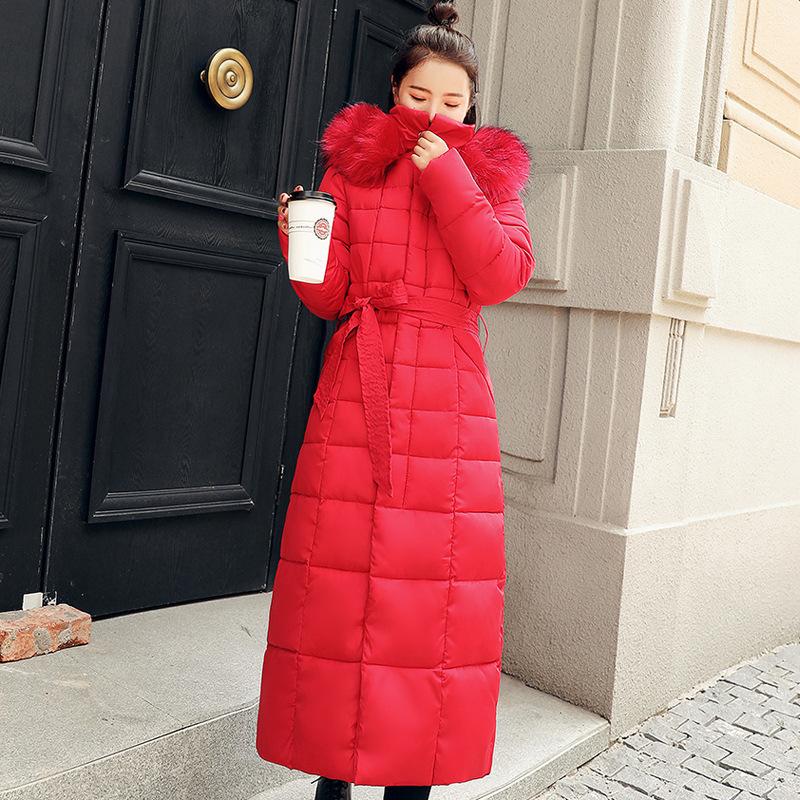 Wintertime Lace-up Long-length Cotton Coat for Women Korean Style Over-the-knee Thickened Hooded Solid Color Large Fur Collar Down Cotton Coat