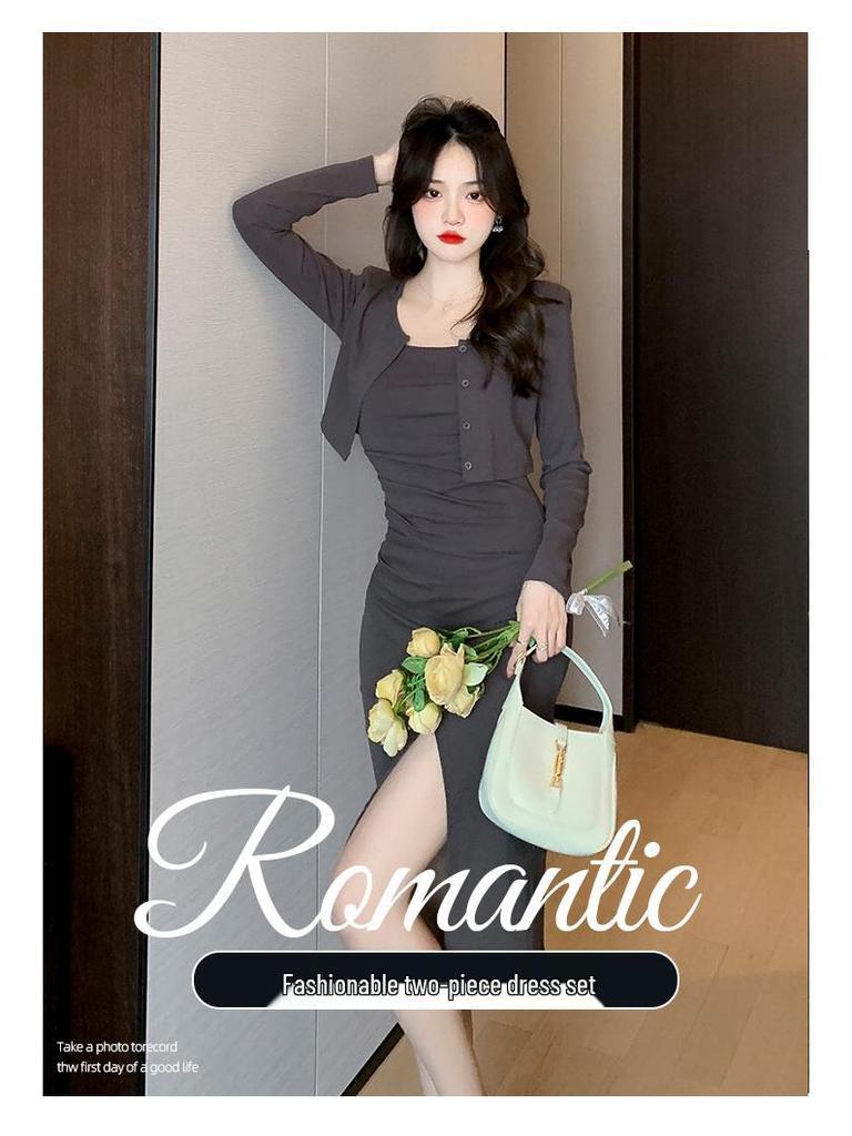 Spring Pure Desire Dress & Cardigan Set - Spaghetti Strap Slit Skirt + Long Sleeve Top