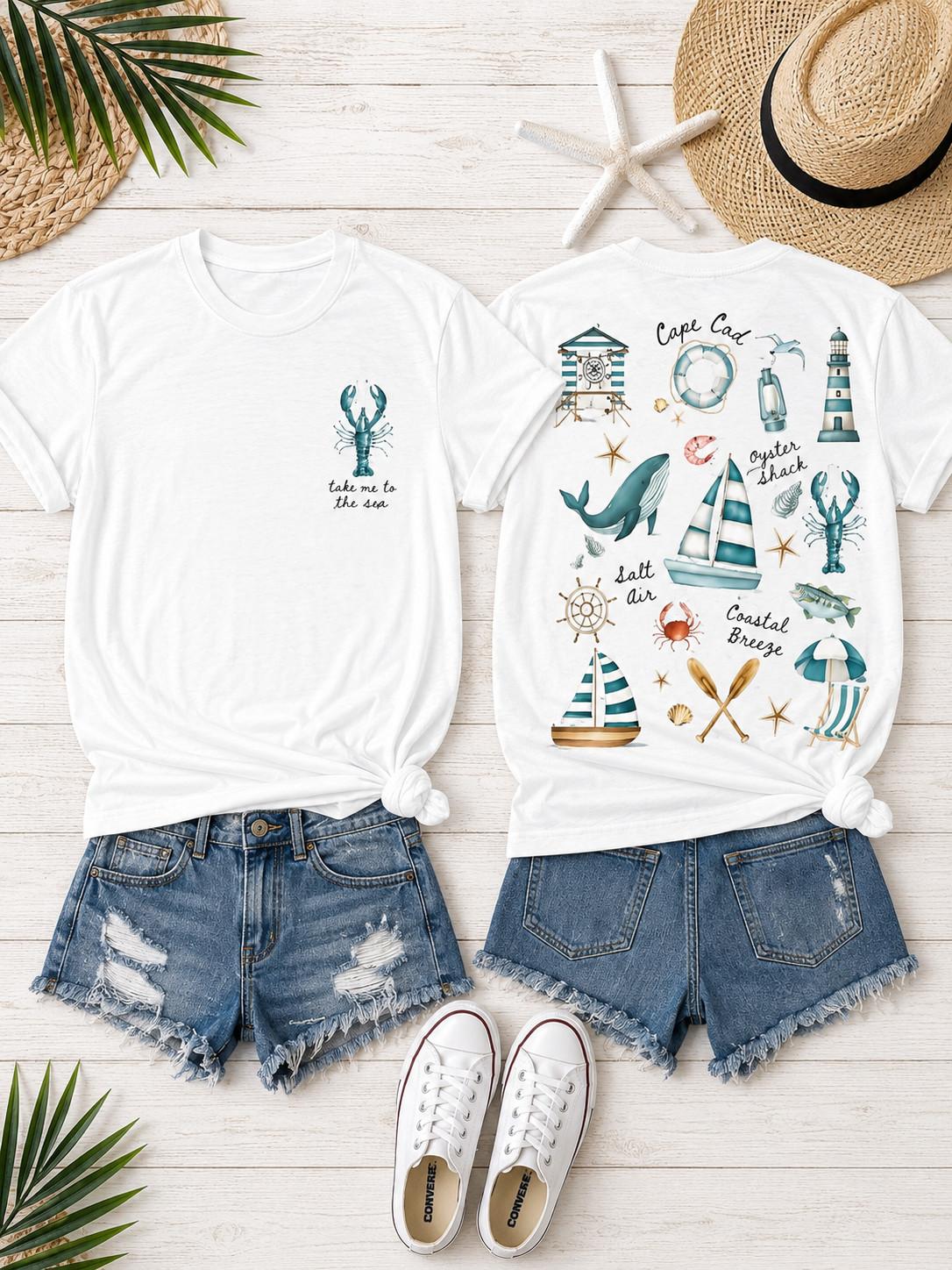Cape Cod Coastal Beach Shirt Nautical Graphic Front Back Print Tee Unisex T-Shirt XXXXL