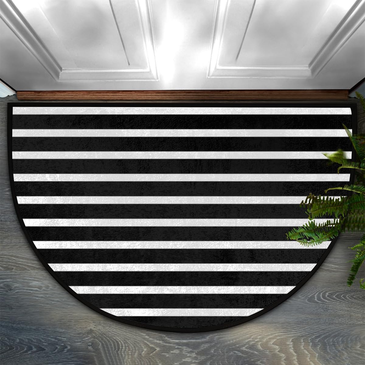 Half Round Door Mat, Black and White Stripe Non-Slip Half Circle Area Rug Doormat Washable Durable Home Decor Half Moon Rug for Floor Indoor Outdoor