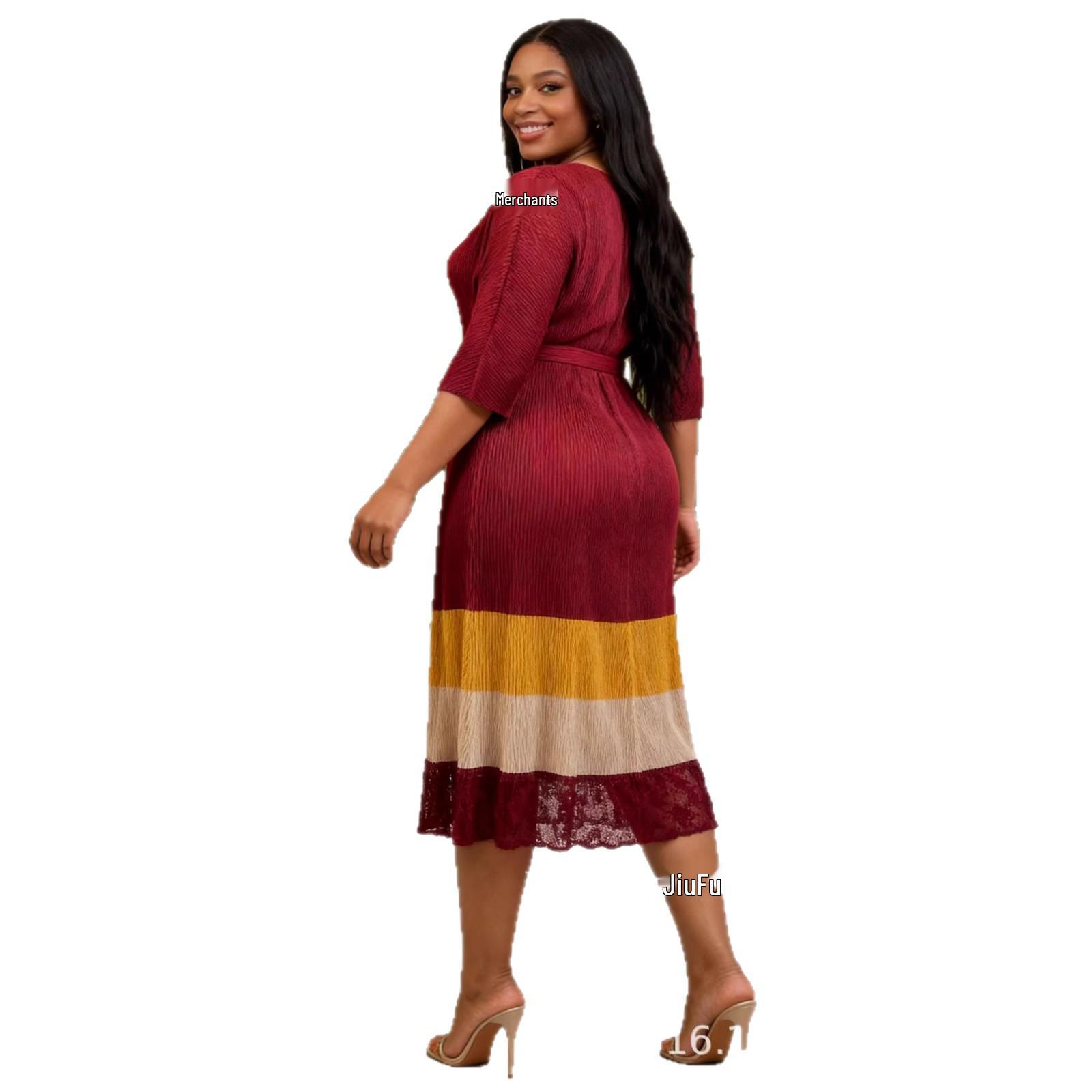 Miyaki African Plus Size Elegant Pleated Long Sleeve Dress for Women Model D