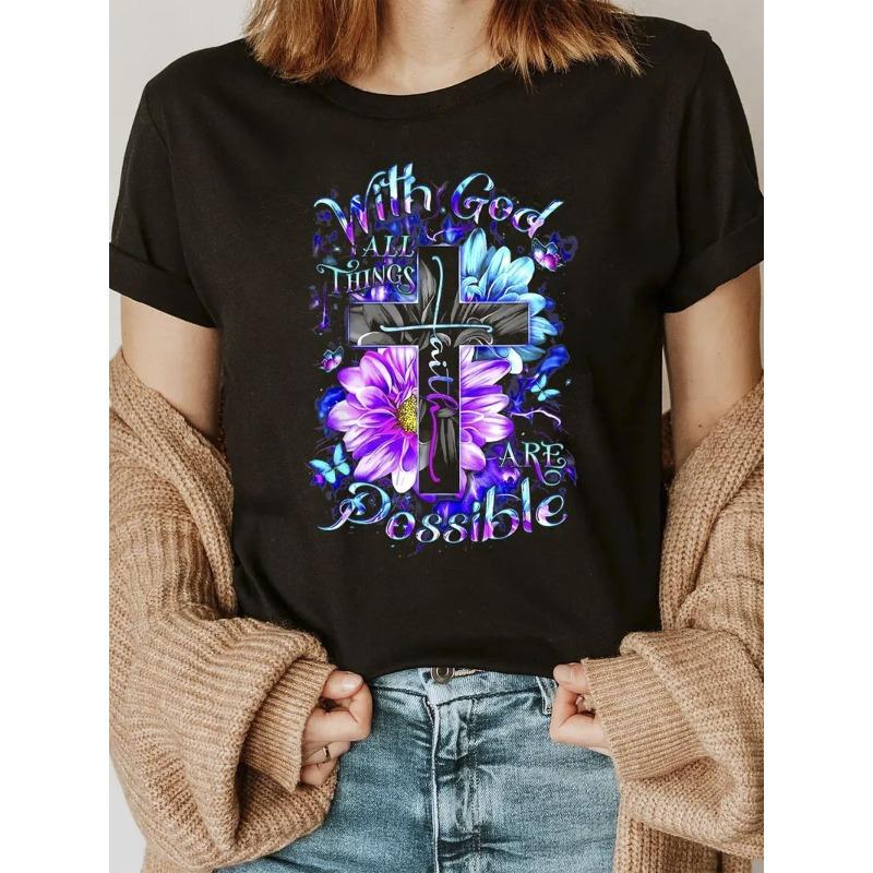 

Plus Size Women s Christian Faith T-Shirt - Walking with God Anything Is Possible Inspirational Message S чёрный