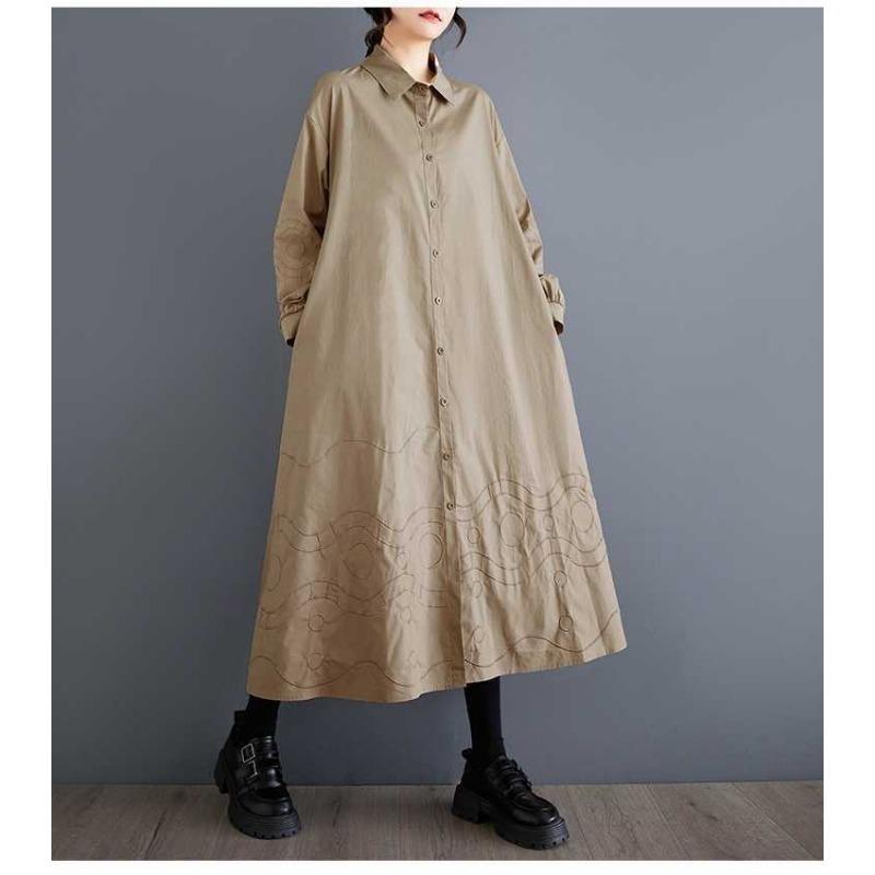 Lösa Plus Size Splicing Casual Enkla Broderier Söta Långärmade Klänningar