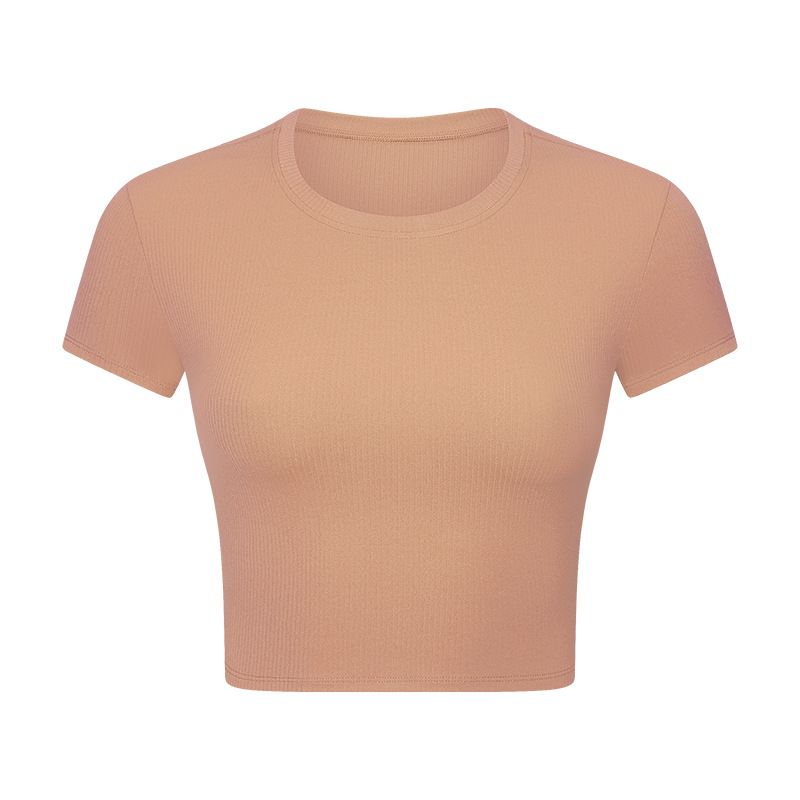 

Lu Same Style SPR Strip Rib Sports T-Shirt Women s High-Strength Stretch Shaping Fitness Yoga Wear Silm Sports Short Sleeve Loess Brown M