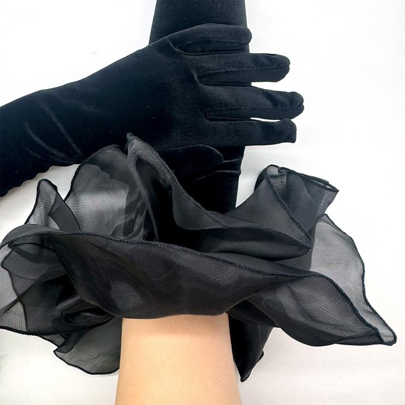 Ladies Velvet Long Gloves Black Ruffles Elastic Wedding Bridal Opera Stage Evening Dress Party Gloves