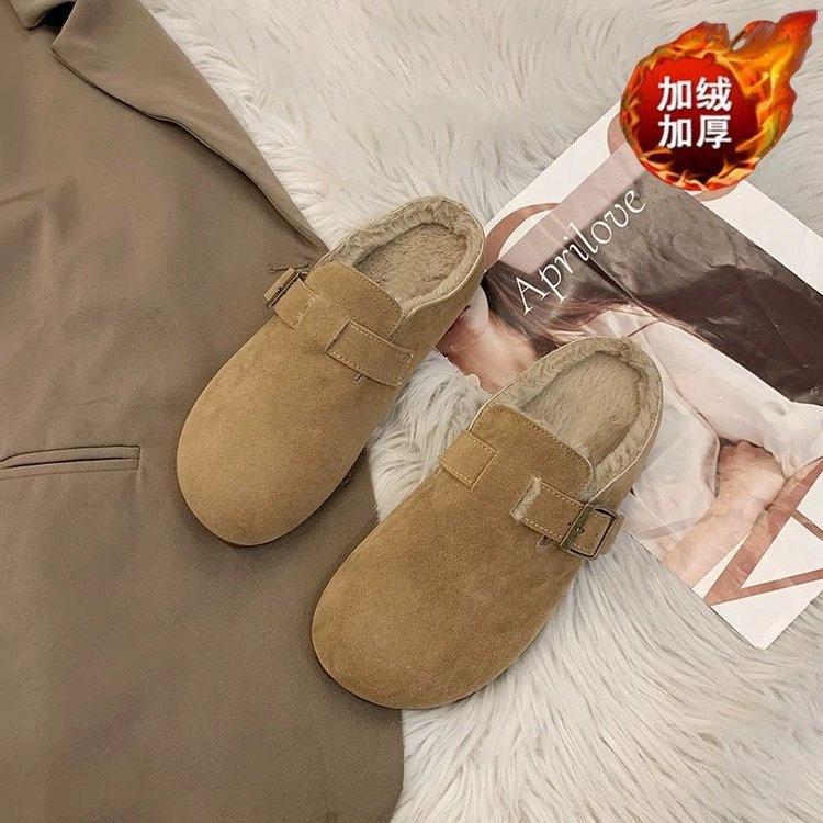 Winter outer wear velvet bag head half tow Boken Muller Boken slippers mango big head loafer bean cotton slippers