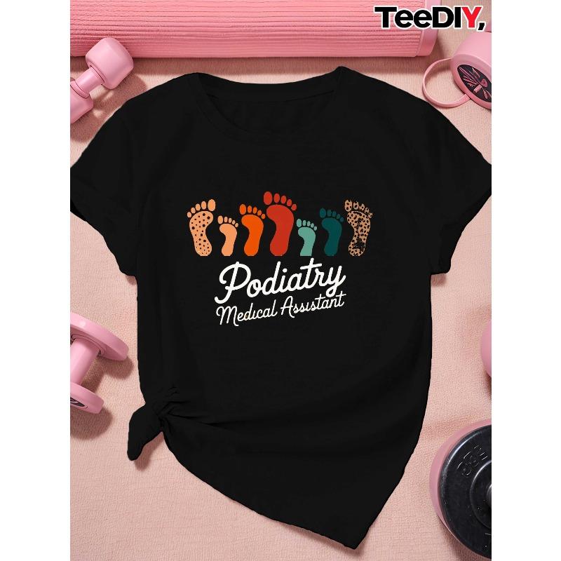 Women's Plus Size Podiatry Assistant T-Shirt - Short Sleeve Round Neck Footprint & Multicolor Footprints (Green/Yellow/Beige/Pink)