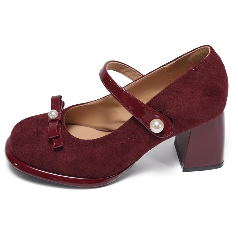 

Retro High Heeled Mary Jane Shoes Women 2026 New Autumn Bow Round Toe Small Leather Shoes 39 вина червоного кольору