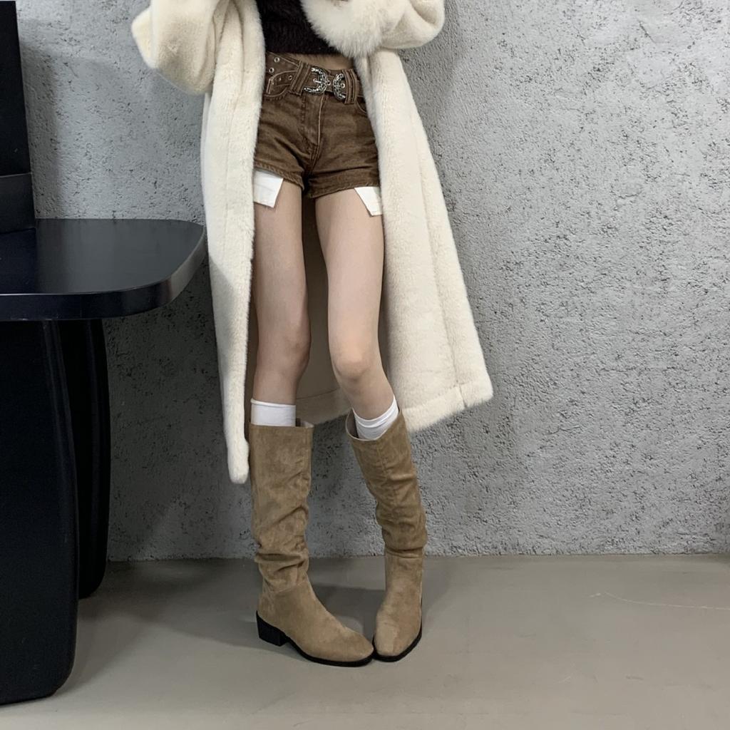 2025 new autumn and winter long tube stacking boots thick heel square head medium tube thin knight boots