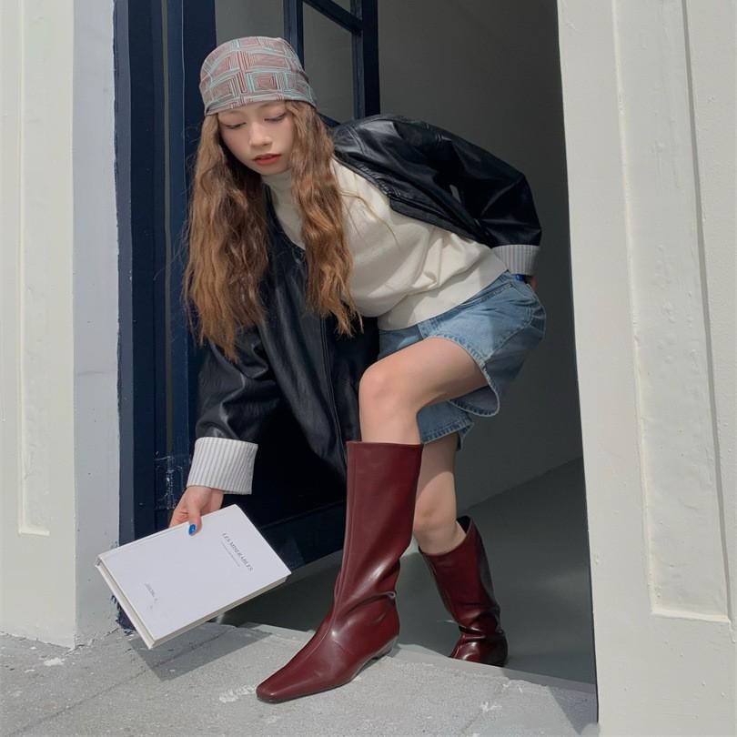 Versatile temperament low-heeled knight boots women's 2025 autumn Korean version simple square head sleeve high tube wedge heel boots retro