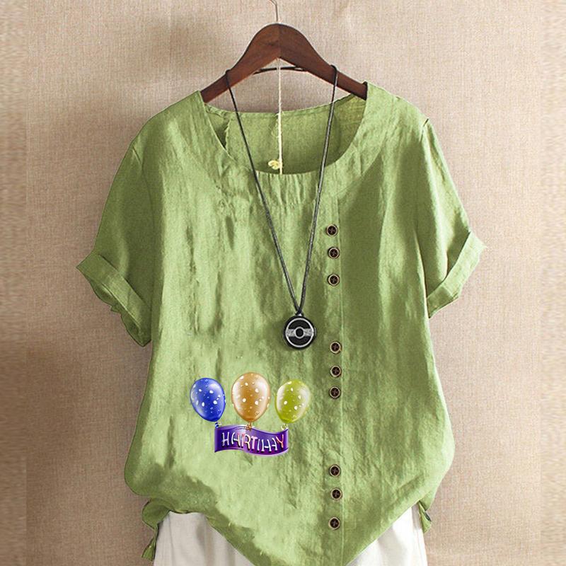 

Женская модная футболка с круглым вырезом и коротким рукавом, повседневная рубашка из хлопка и льна с рисунком, свободная летняя блузка с принтом в виде воздушных шаров, топы 5XL зелёный