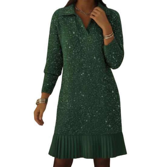 Women Knit Mini Fall Sweater Dress Sparkly Long Sleeve Lapel V Neck Dress Casual Ribbed Pullover Pleated Swing Dress