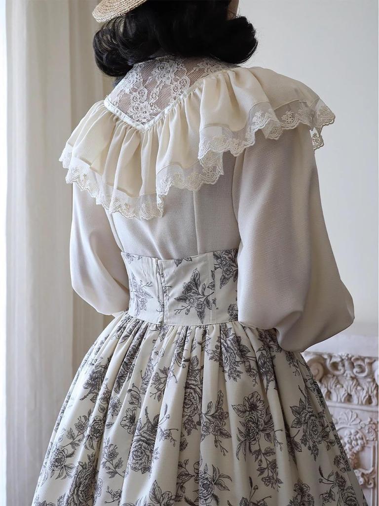 LAVASEON Long Sleeve Retro Perfect for Cute Lace and Balloon Office Princess Mori Girl No Bow Women's Blouse, Commuting, Ruffles, Stand-Up Collar,