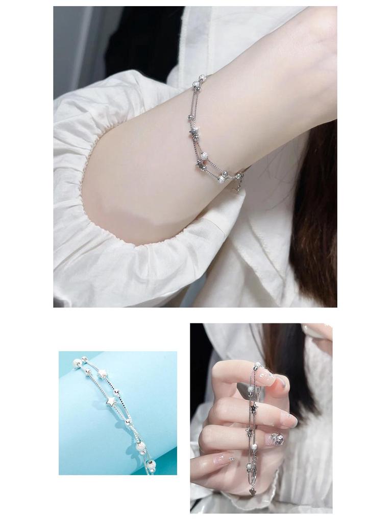 S925 Sterling Silver Starry Sky Double Layer Bracelet - Women's Elegant Light Luxury Jewelry
