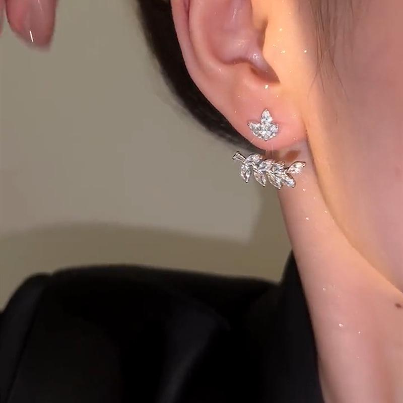Elegant Zircon Wheat Leaf Stud Earrings: Silver Needle, Versatile Convertible Style, Exquisite Design