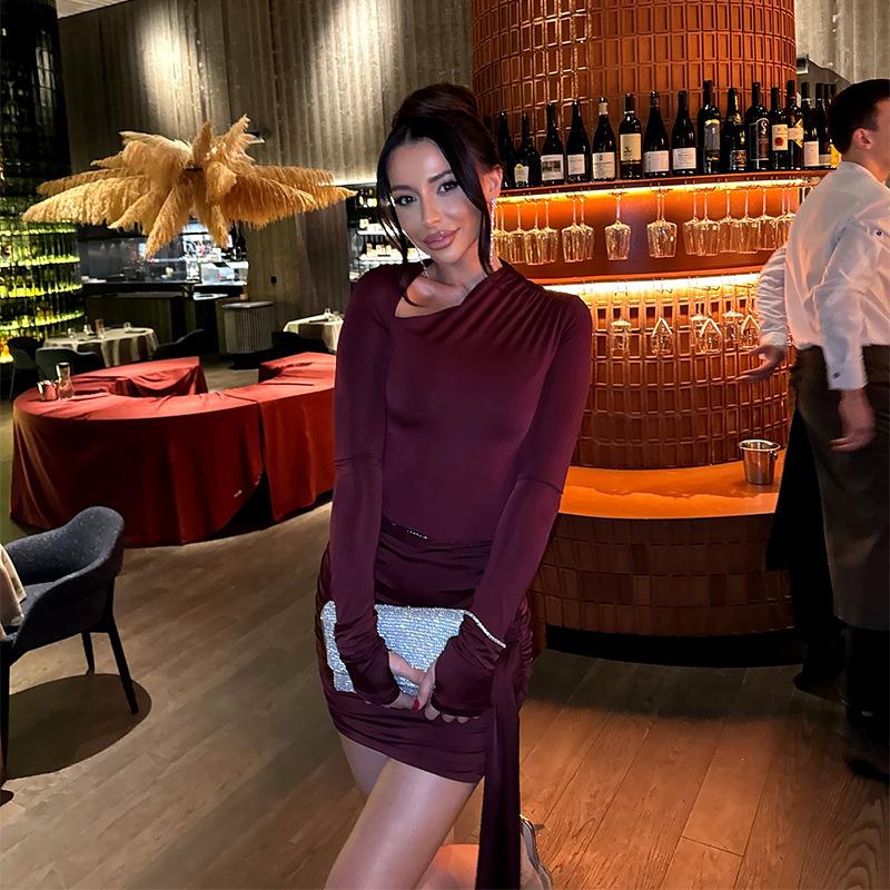 Spring Women's Oblique Shoulder Strap Design Sense Long Sleeve Slimming Fanny Pack Hip Dress