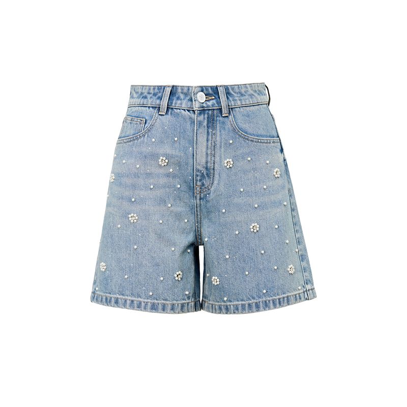 

Blacknini Pearl Flower Du + Luxury Import Indigo Washed Handmade Pearl Flower Flowers Casual Denim Shorts Pearl Flower Denim shorts((In Stock)) XS