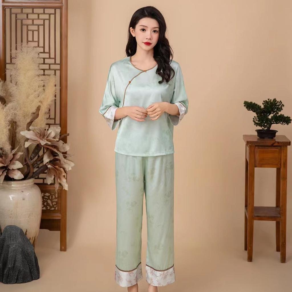 [Zhuyue] Elegant national style women's ice silk pajamas spring and autumn pullover buckle seven-quarter sleeve jacquard thin loungewear