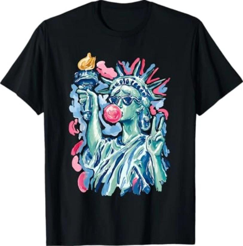 Brushstroke Statue of Liberty Blowing Bubble Gum 4th of July T-Shirt 2XL