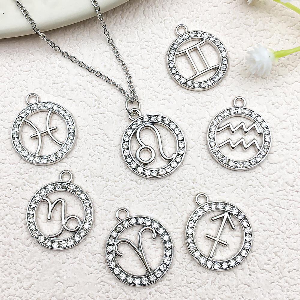 Zodiac Diamond-Studded Round Pendant Jewelry Set: Keychain, Bracelet, Necklace, Earrings