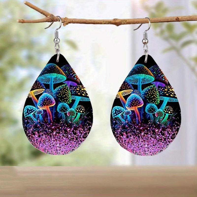 Glowing Mushroom Jellyfish Pattern PU Leather Earrings for Women Creative Fashion Earrings Double-sided Pattern Design Classic Water Drop Earrings