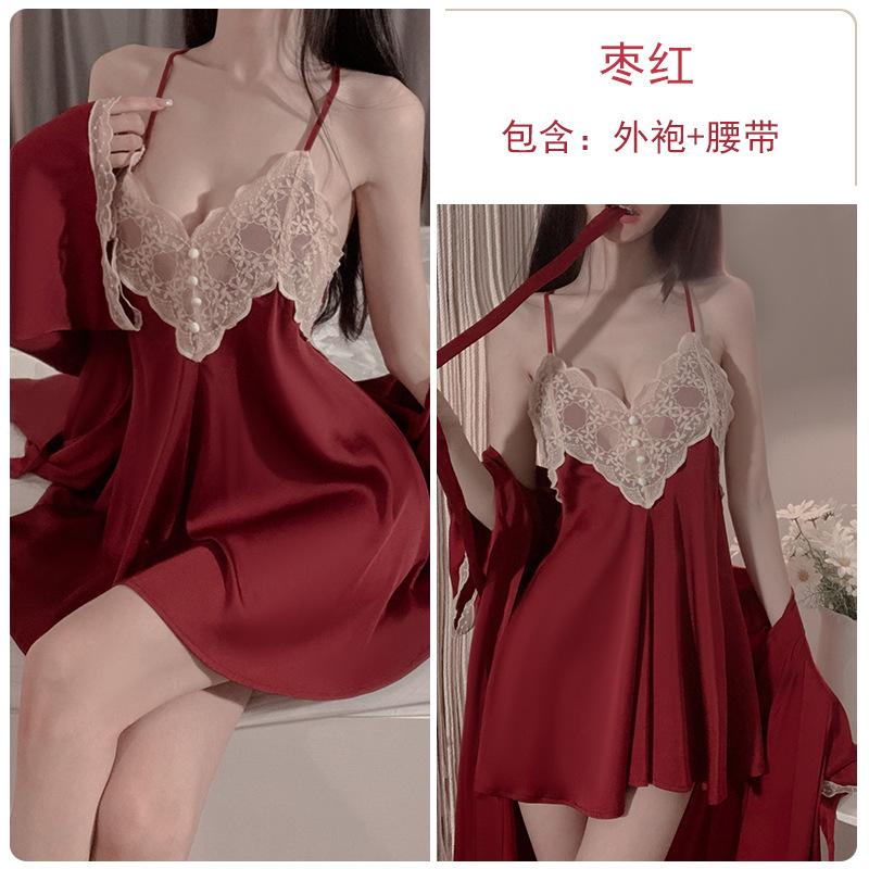 Sexy Cross Backless Deep V Seduction Lace Splicing Satin Nightdress Robe Women's Home Suit