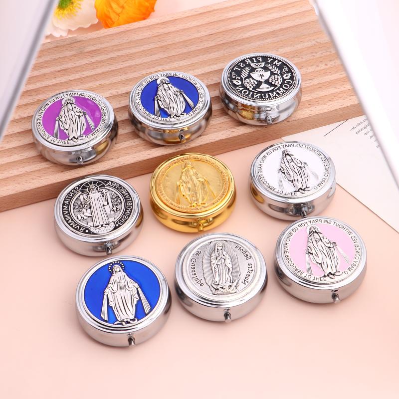 Retro Metal Holy Communion Saint Benedict Rosary Gift Boxes Round Religious Jewelry Packing Case