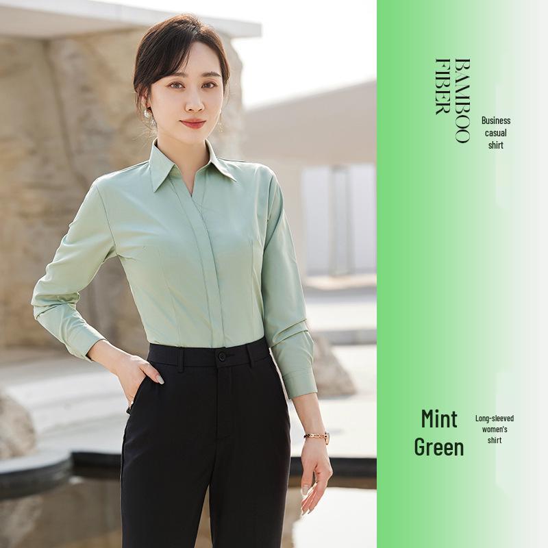 Damen Rosa V-Ausschnitt Bambusfaser Stretch Shirt - Gestickte Formelle Kleidung für Büro, Verkauf und Hotel Rezeption