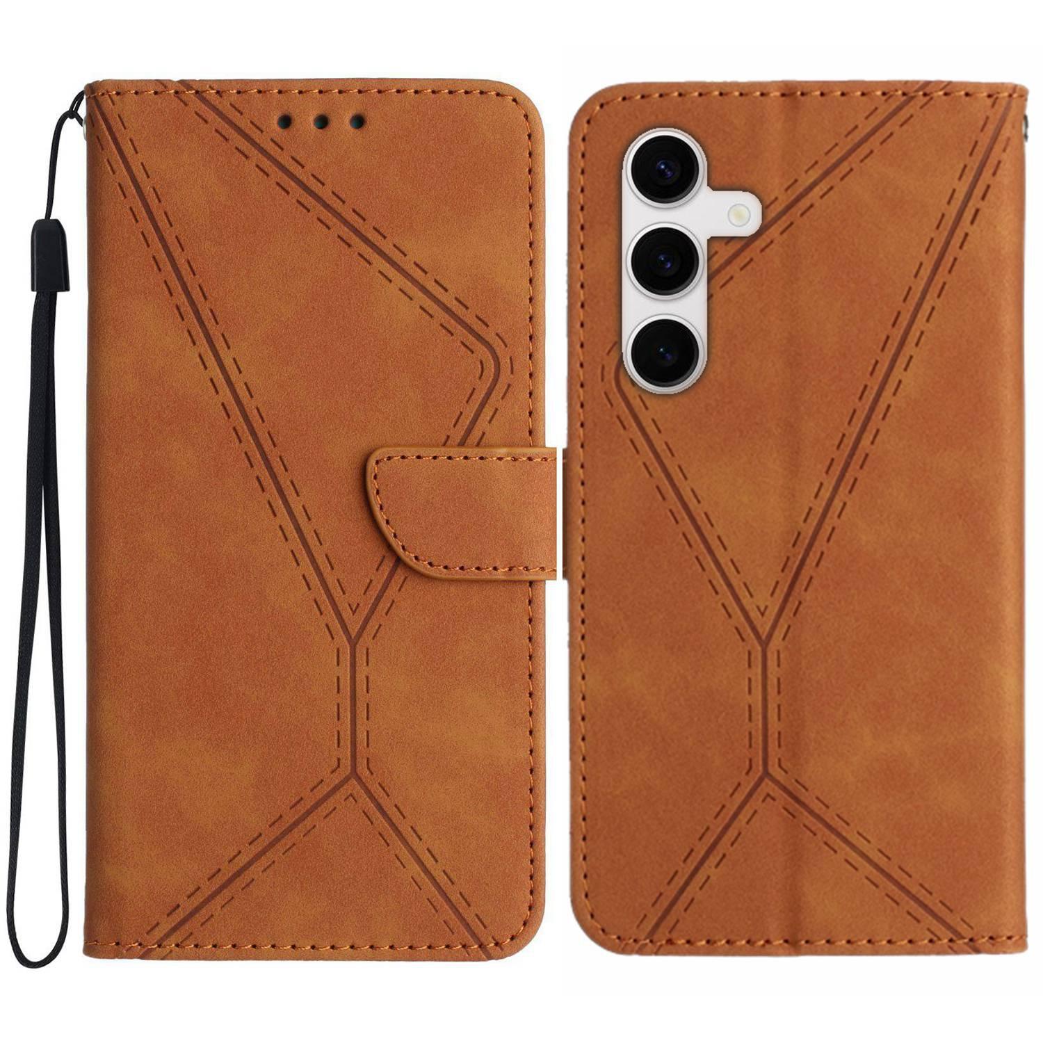 

For Samsung Galaxy S25 FE Case Skin Touch Lines Imprinted PU Leather Flip Phone Cover Brown