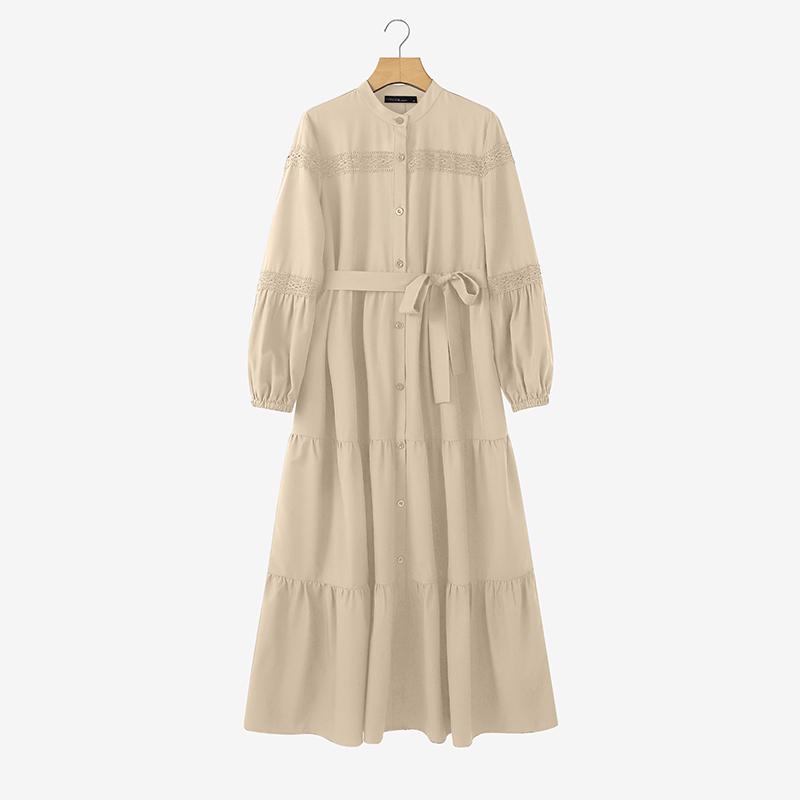 ZANZEA Kobiety Casual Okrągły Dekolt Długi Rękaw Luźna Koronkowa Patchworkowa Długa Sukienka