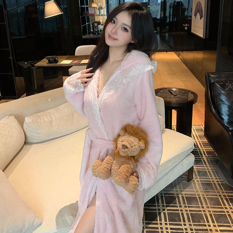 Women's Winter Fleece Long Bathrobe with Velvet - Sexy Bride Morning Robe Pajamas