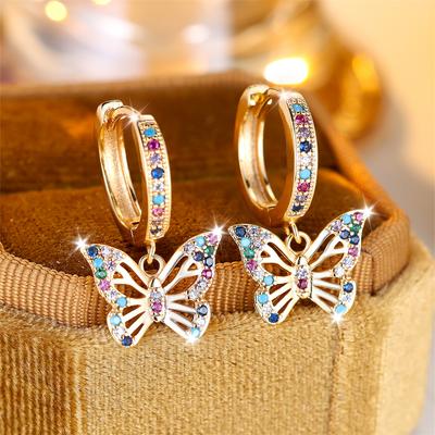 Cute Butterfly Rainbow Zircon Small Hoop Earrings For Women Vintage Gold Color Animal Ear Buckle Wedding Jewelry Versatile Gifts