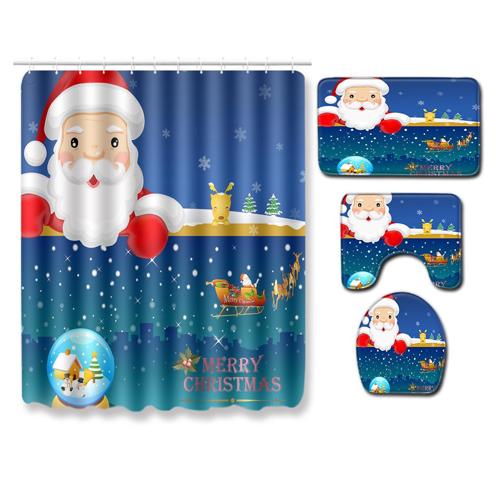 Christmas Home Shower Curtain Waterproof Polyester Cloth Toilet Floor Mat Four-Piece Set Entrance Door Mat Bedroom Living Room Carpet