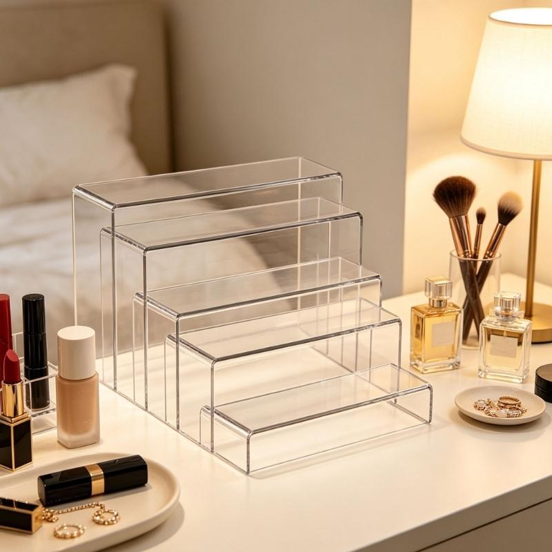 Clear Acrylic Shelf Stands for Counter Organization, 5 Piece Display Set for Perfume Bottles, Figurines, Ornaments, and Cabinet Display