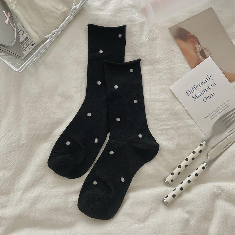 Women's Summer Thin Polka Dot Mesh Breathable Curled Mid Tube Stack Cotton Socks