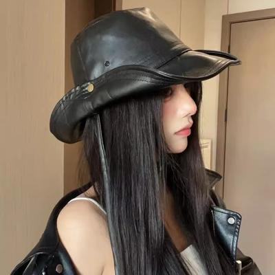 PU Leather Western Cowboy Cap Y2K Panama Hat Mountaineering Fisherman Hat  Travel