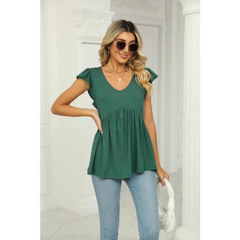 Summer Women's T-Shirt V-Neck Pit Stripe Drawstring Pleated Doll Shirt Sleeveless Top