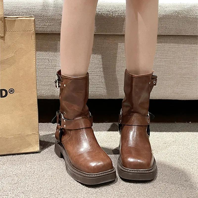 New In Ladies Mid Calf Shoes Brown Women's Half High Boots Platform Waterproof Chic and Elegant Winter 2025 Novelty On Promotion
